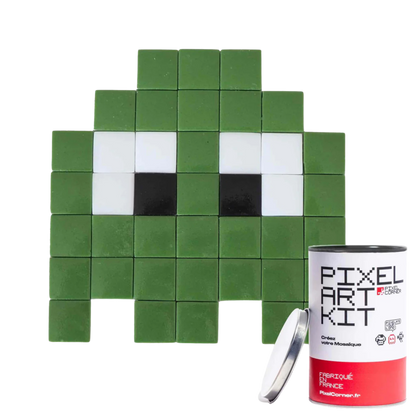 Pixel art kit with a dark green block design.