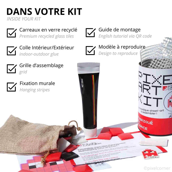 Pixel art kit with components and packaging.