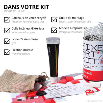 Pixel art kit with components and packaging.