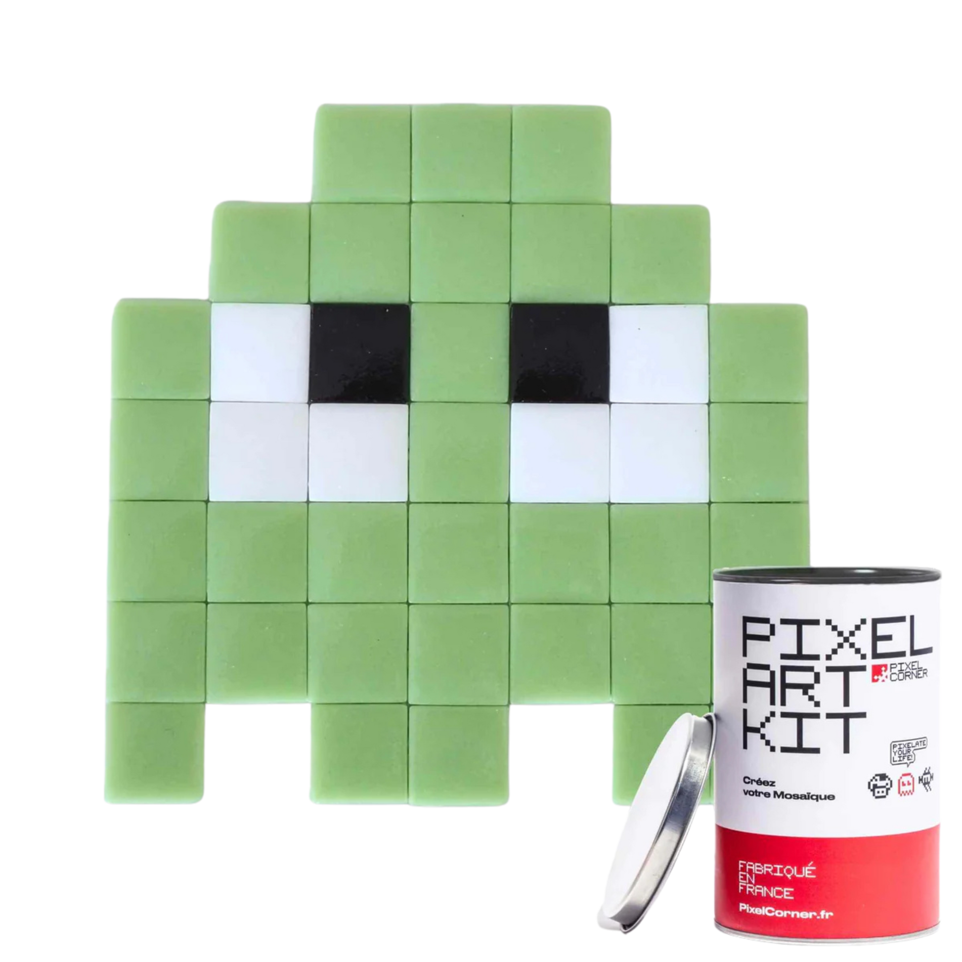 Pixelated light green character made of small square mosaic tiles.
