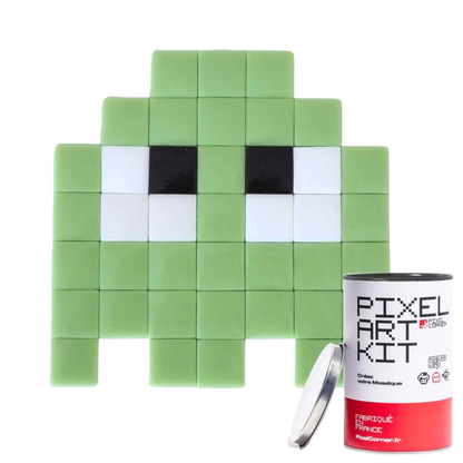 Pixelated light green character made of small square mosaic tiles.
