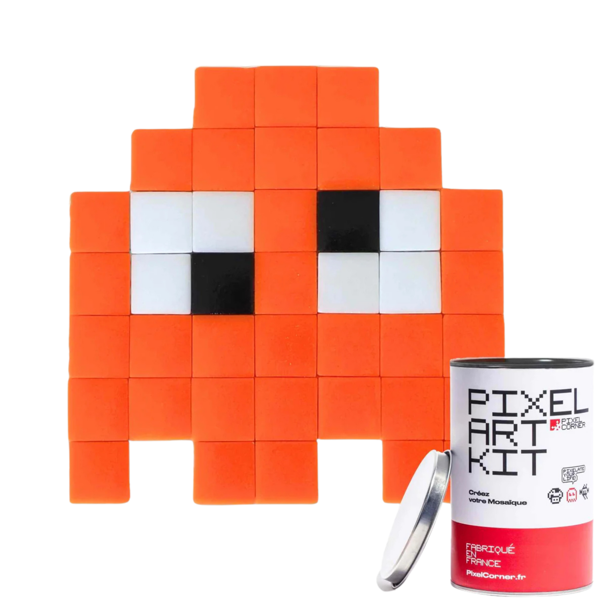Pixelated orange character made of small mosaic tiles.