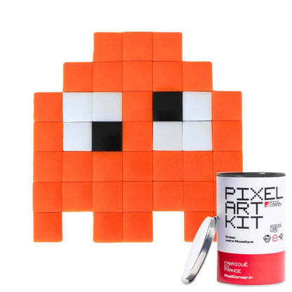 Pixelated orange character made of small mosaic tiles.