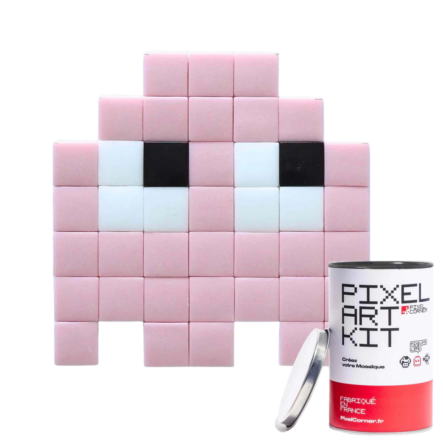 Pixel art kit with a pink pixelated design.