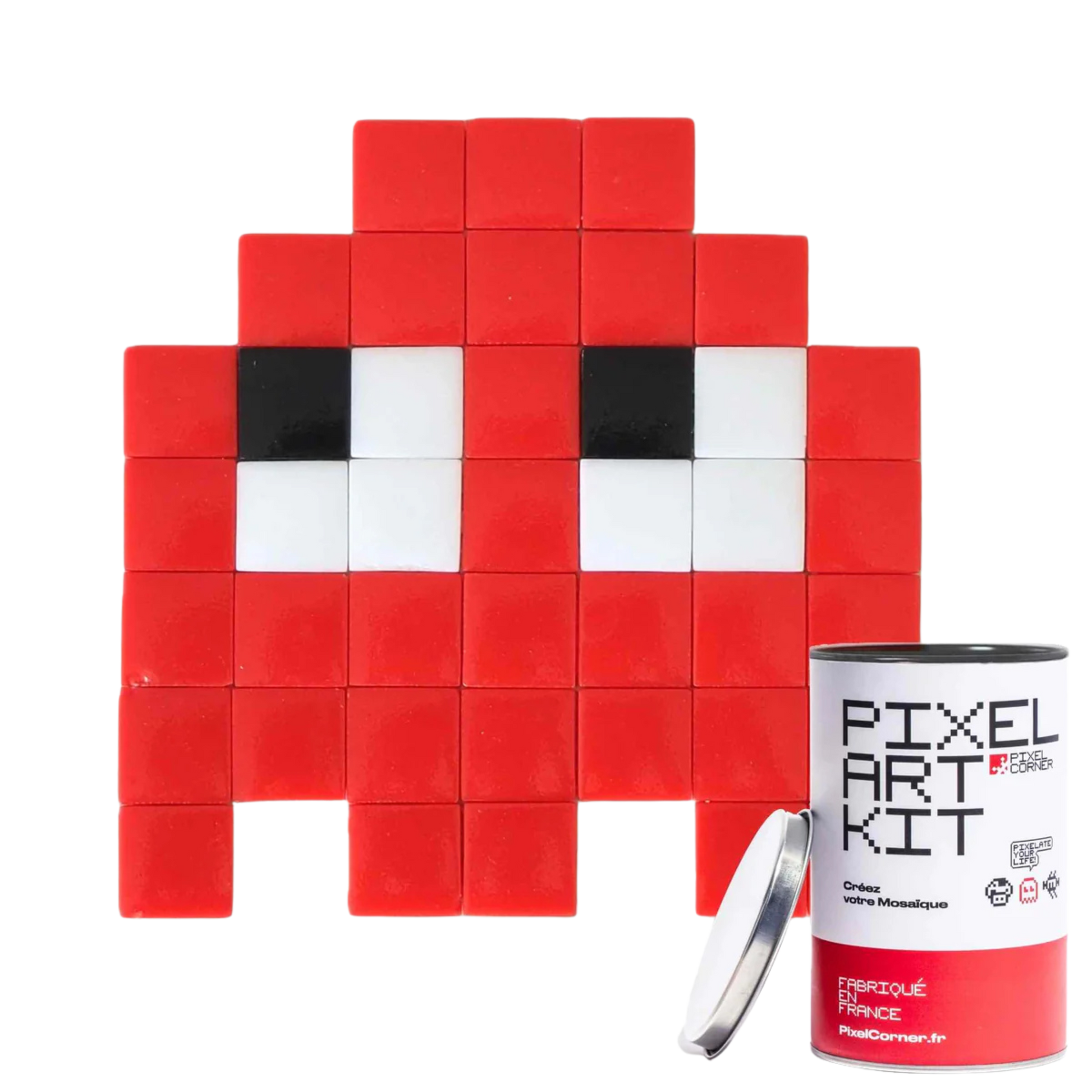 Red pixelated character made of mosaic tiles with a 'Pixel Art Kit' canister.