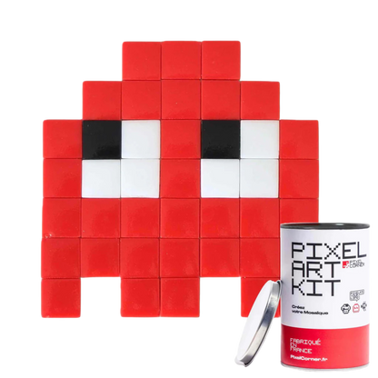 Red pixelated character made of mosaic tiles with a 'Pixel Art Kit' canister.