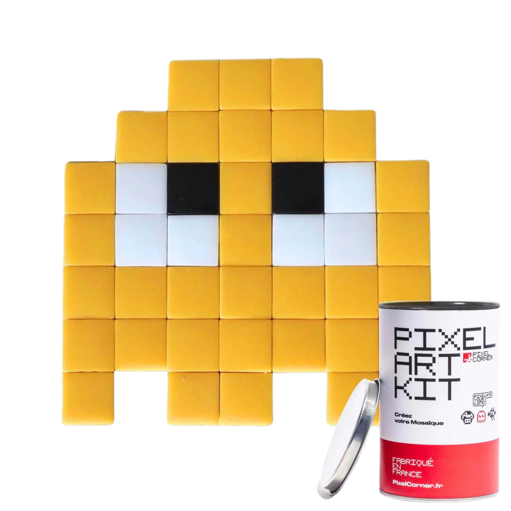 Yellow pixelated art piece.