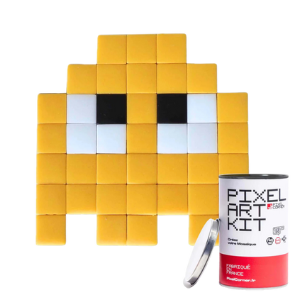 Yellow pixelated art piece.