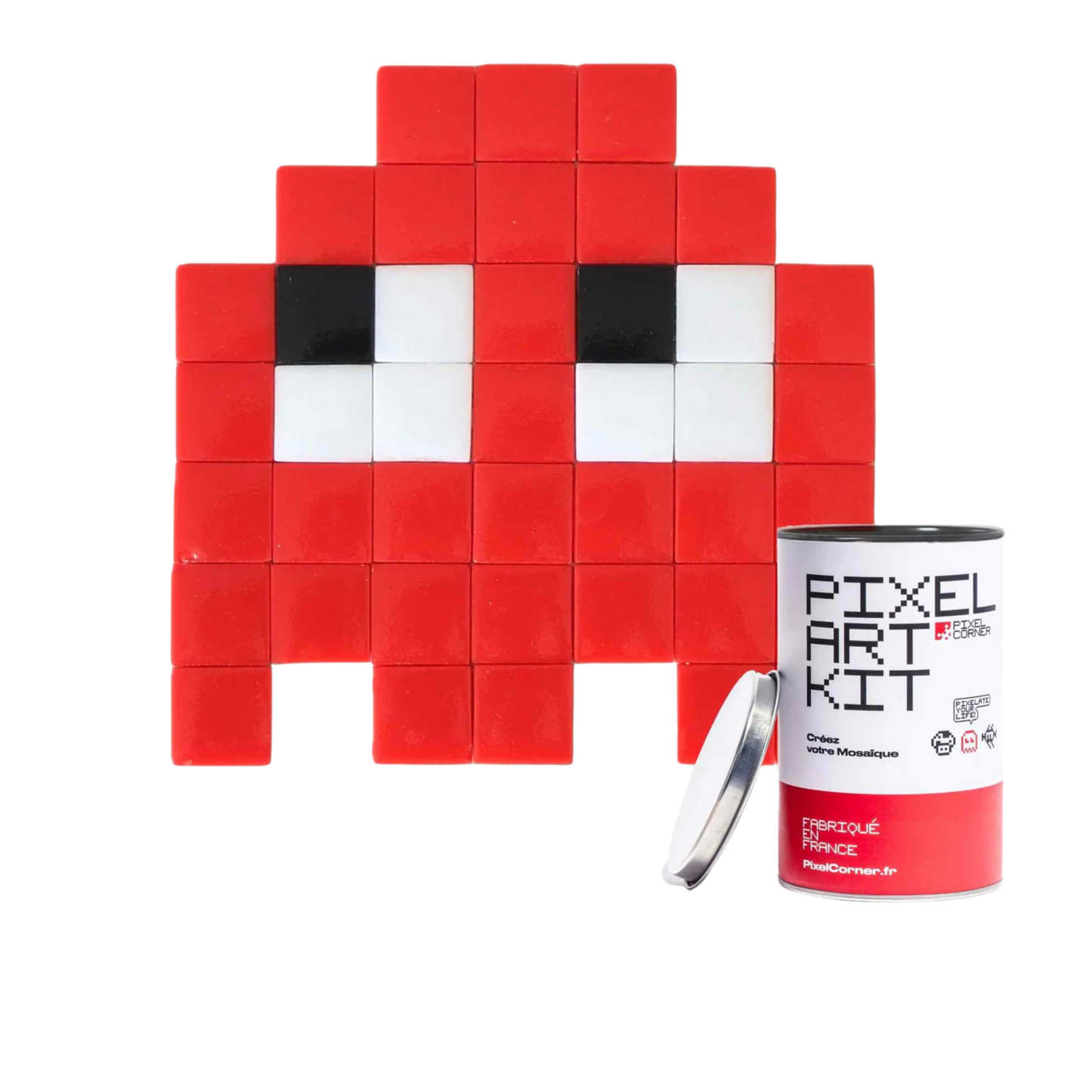 Red pixelated face made of small mosaic tiles with a 'Pixel Art Kit' canister.