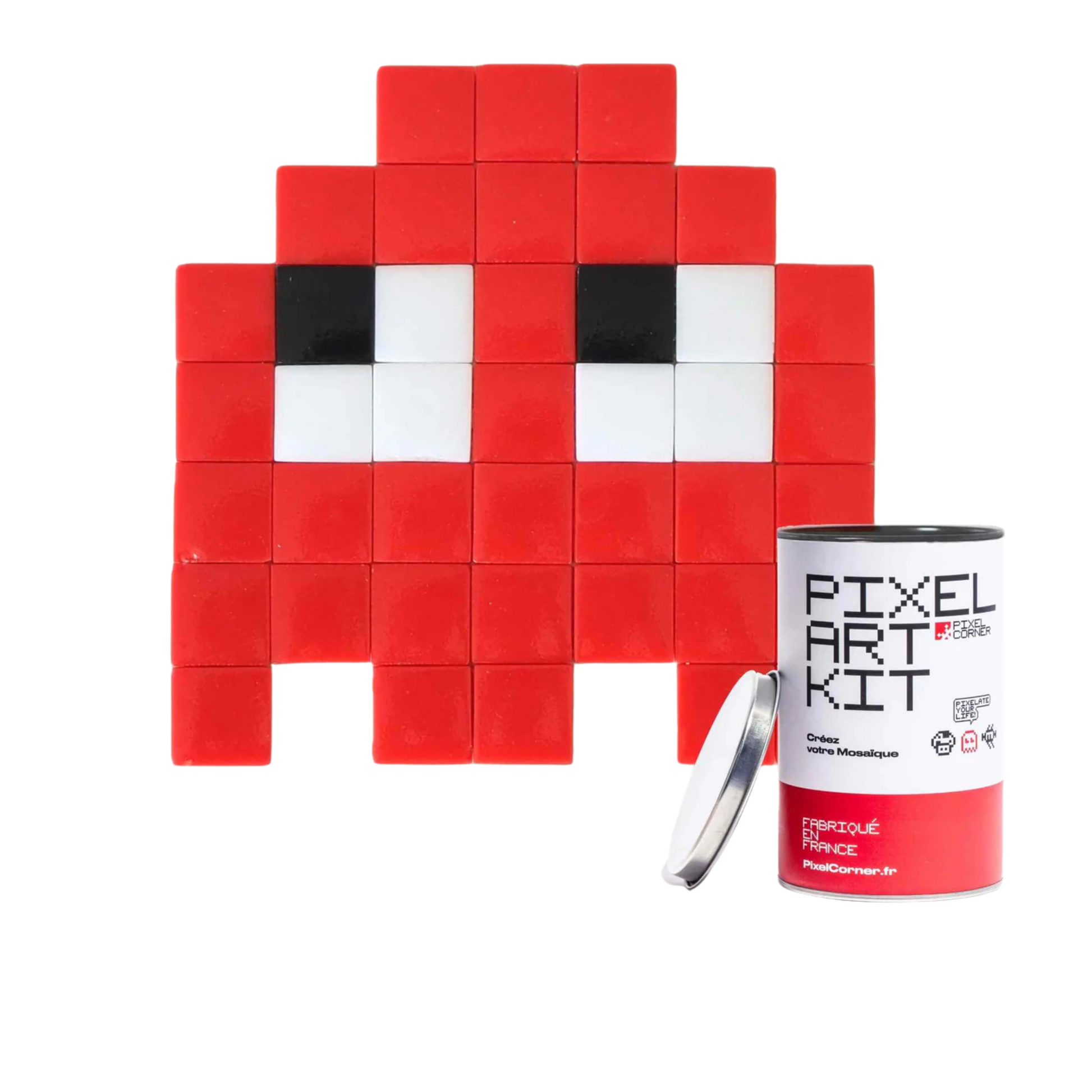 Red pixelated face made of small mosaic tiles with a 'Pixel Art Kit' canister.