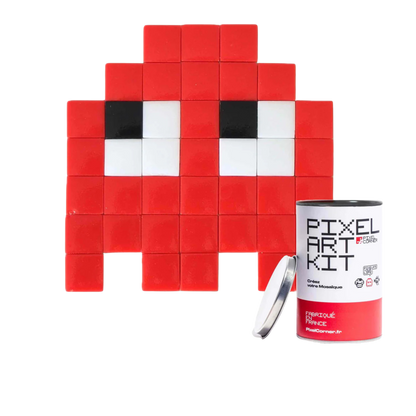 Red pixelated face made of small mosaic tiles with a 'Pixel Art Kit' canister.