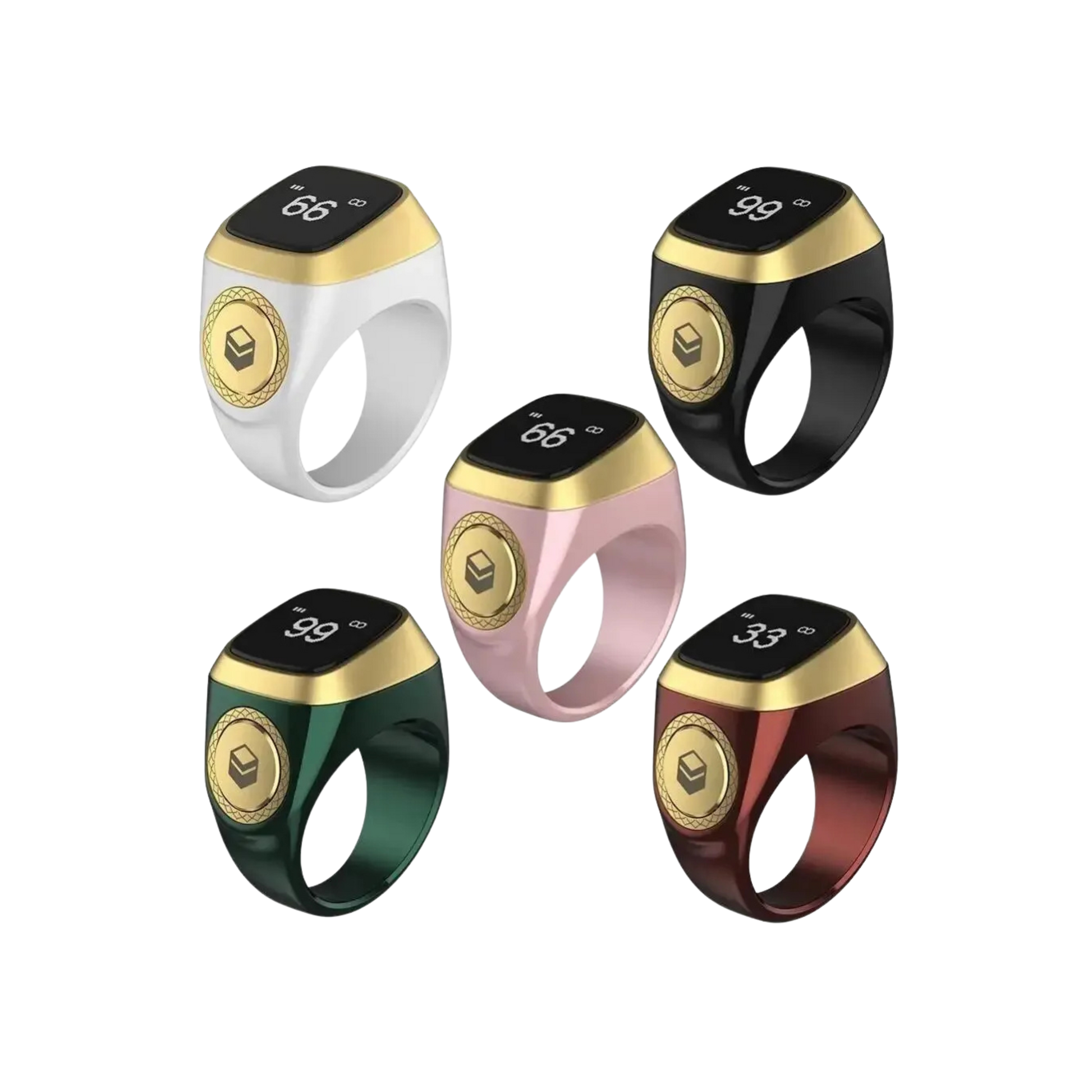 Five smart tasbih rings in black, green, pink, white and red 