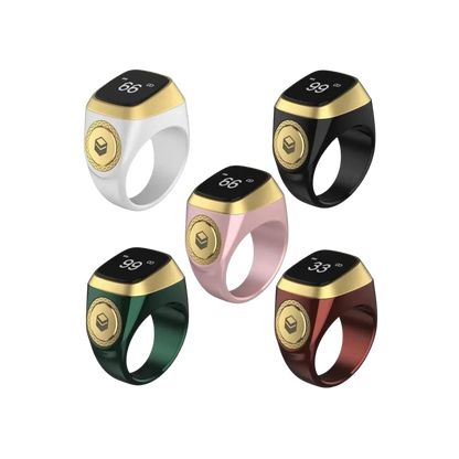 Five smart tasbih rings in black, green, pink, white and red 