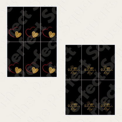 A Valentine's Day card with a gold heart on a black background, opened to show the inside which reads 'Happy Valentine's Day!' and has a red heart drawing.