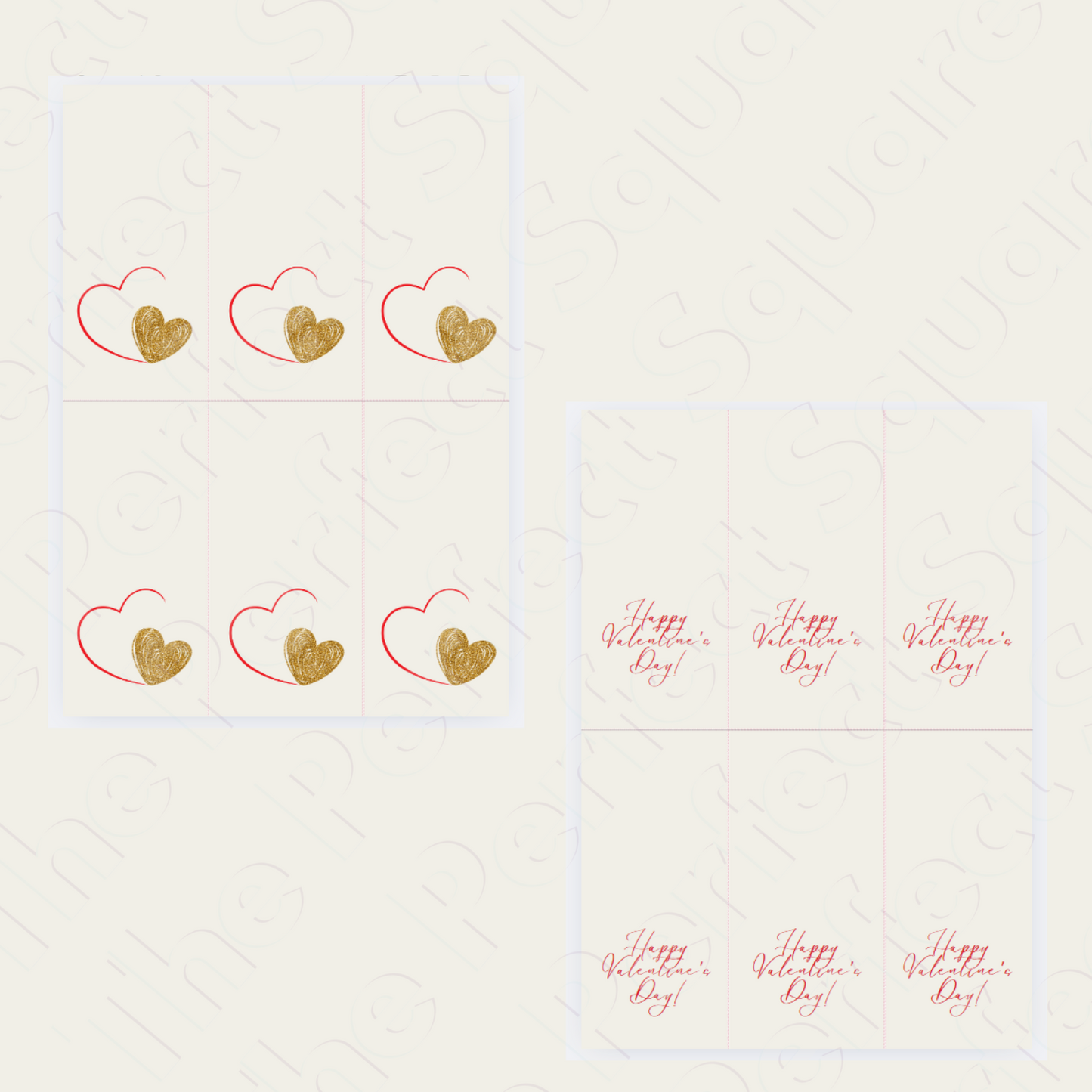 Printable Valentine's Day card with a gold heart on a white background, opened to show the inside which reads 'Happy Valentine's Day!' and has a red heart drawing.