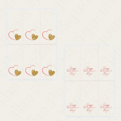 Printable Valentine's Day card with a gold heart on a white background, opened to show the inside which reads 'Happy Valentine's Day!' and has a red heart drawing.