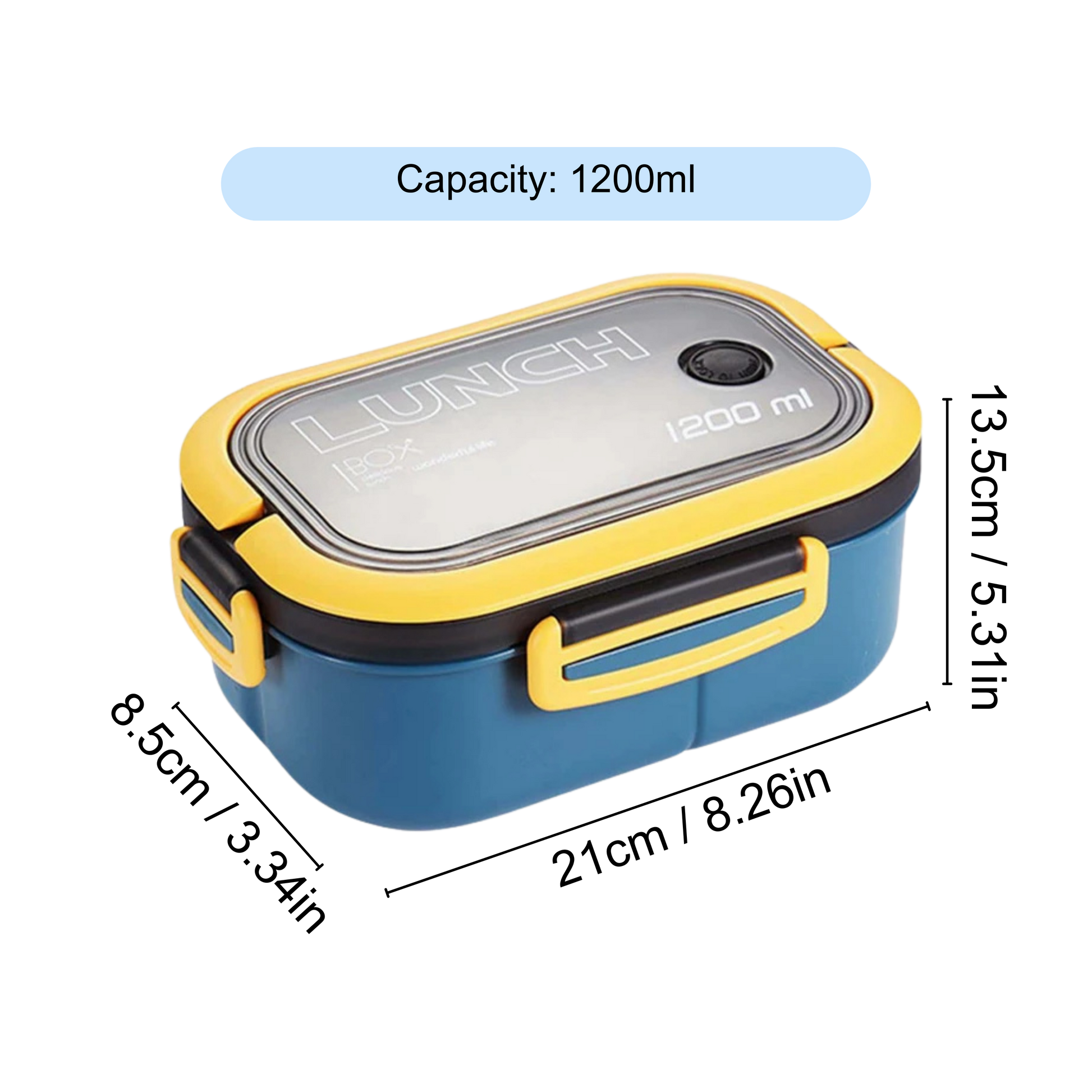 Blue and yellow lunch box showing size, dimensions, and capacity