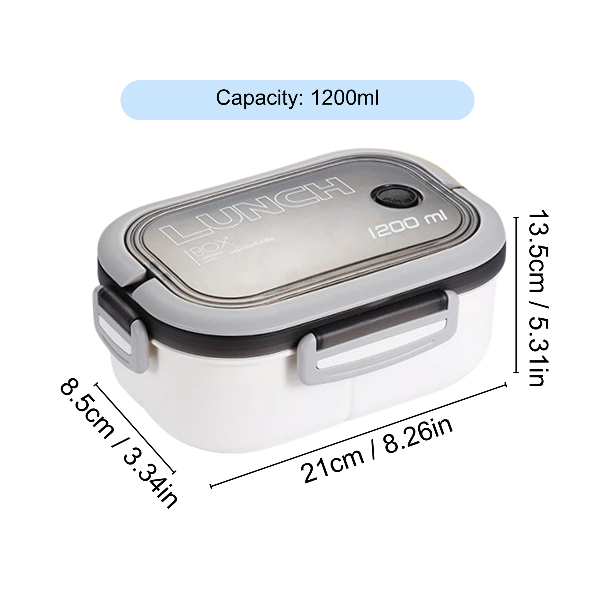 White lunch box showing size, dimensions, and capacity