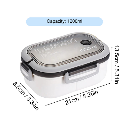 White lunch box showing size, dimensions, and capacity