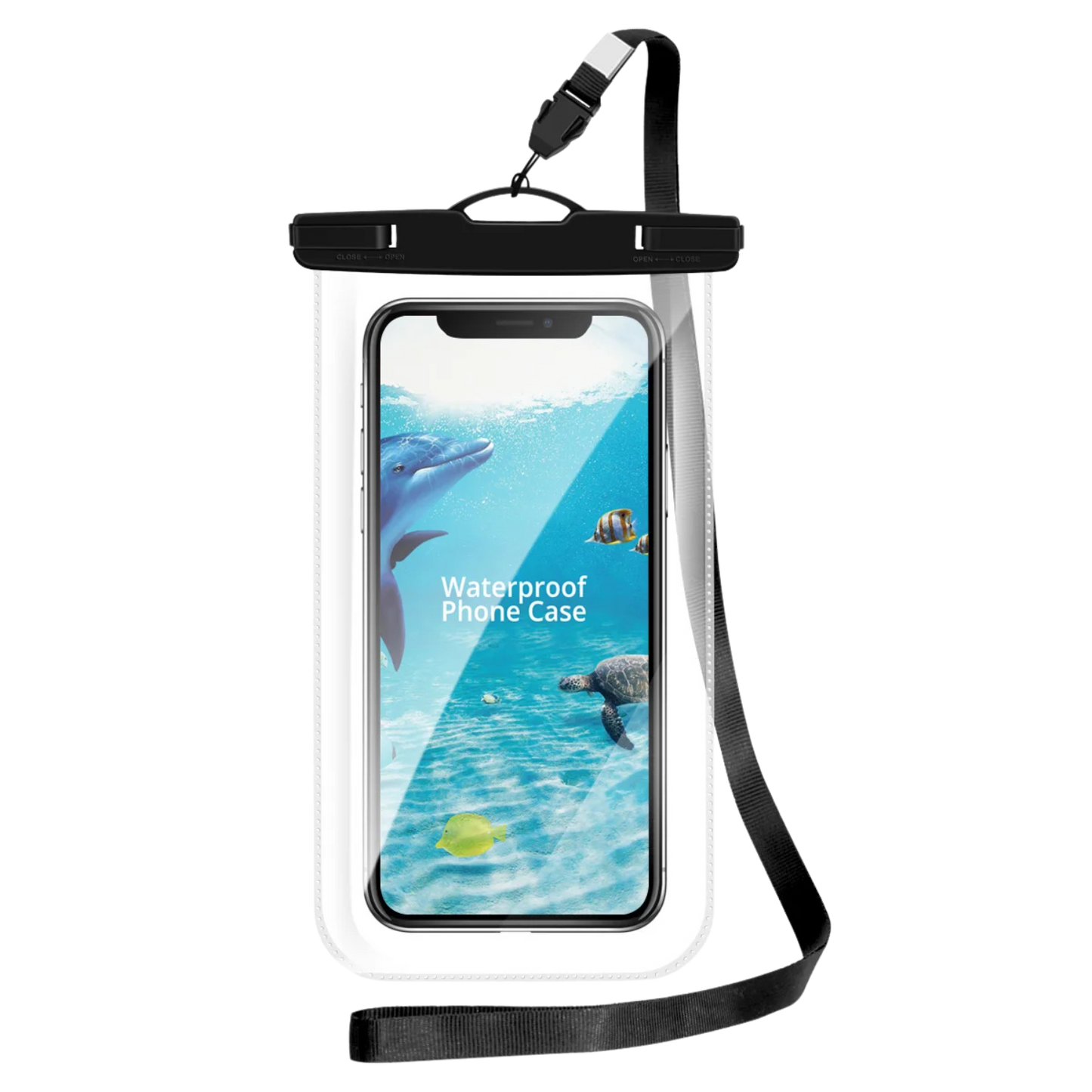 Clear waterproof phone case with black trim – IPX8 rated protection for phones, cards, and essentials