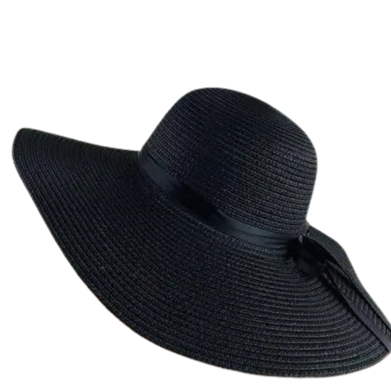 Black wide brim straw hat for women – UV protection and packable design for summer travel
