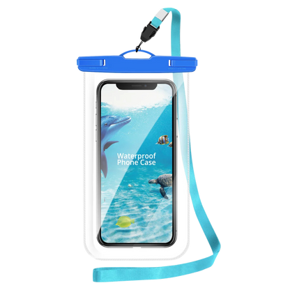 Clear waterproof phone pouch with blue detailing – IPX8 certified for swimming, boating, and beach days