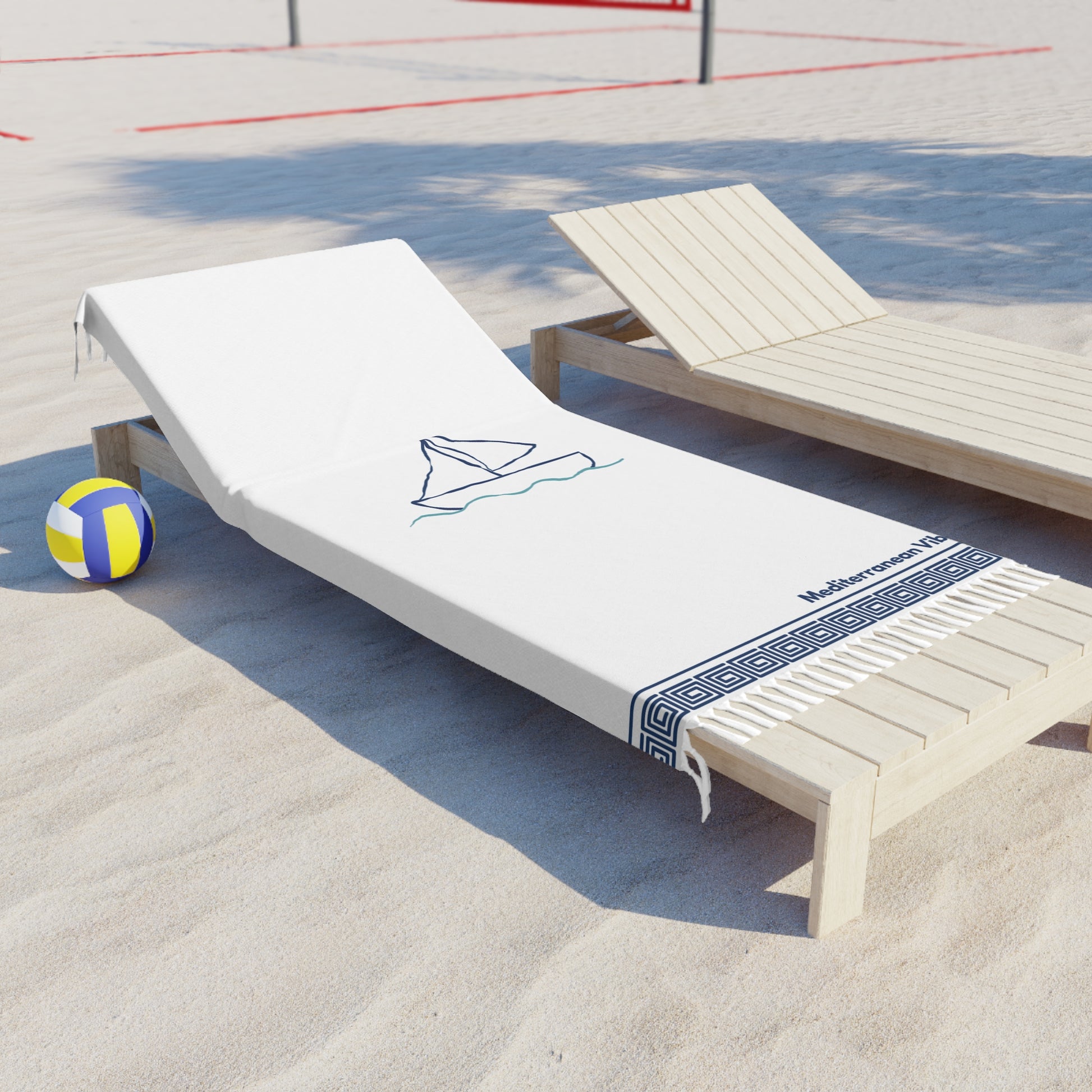 Mediterranean Vibes boho beach cloth draped over a beach chair in a relaxed summer setting