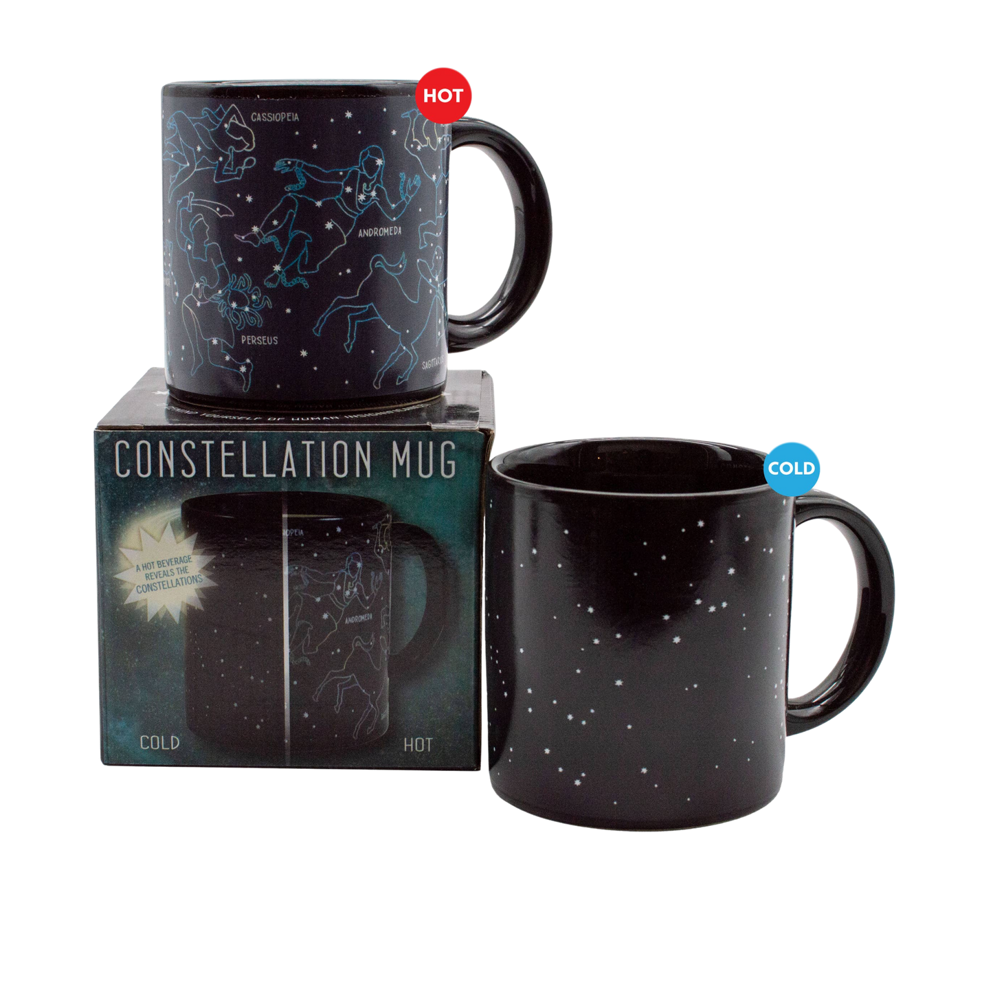 Constellation heat changing coffee mug shown in gift box, cold, and heated versions