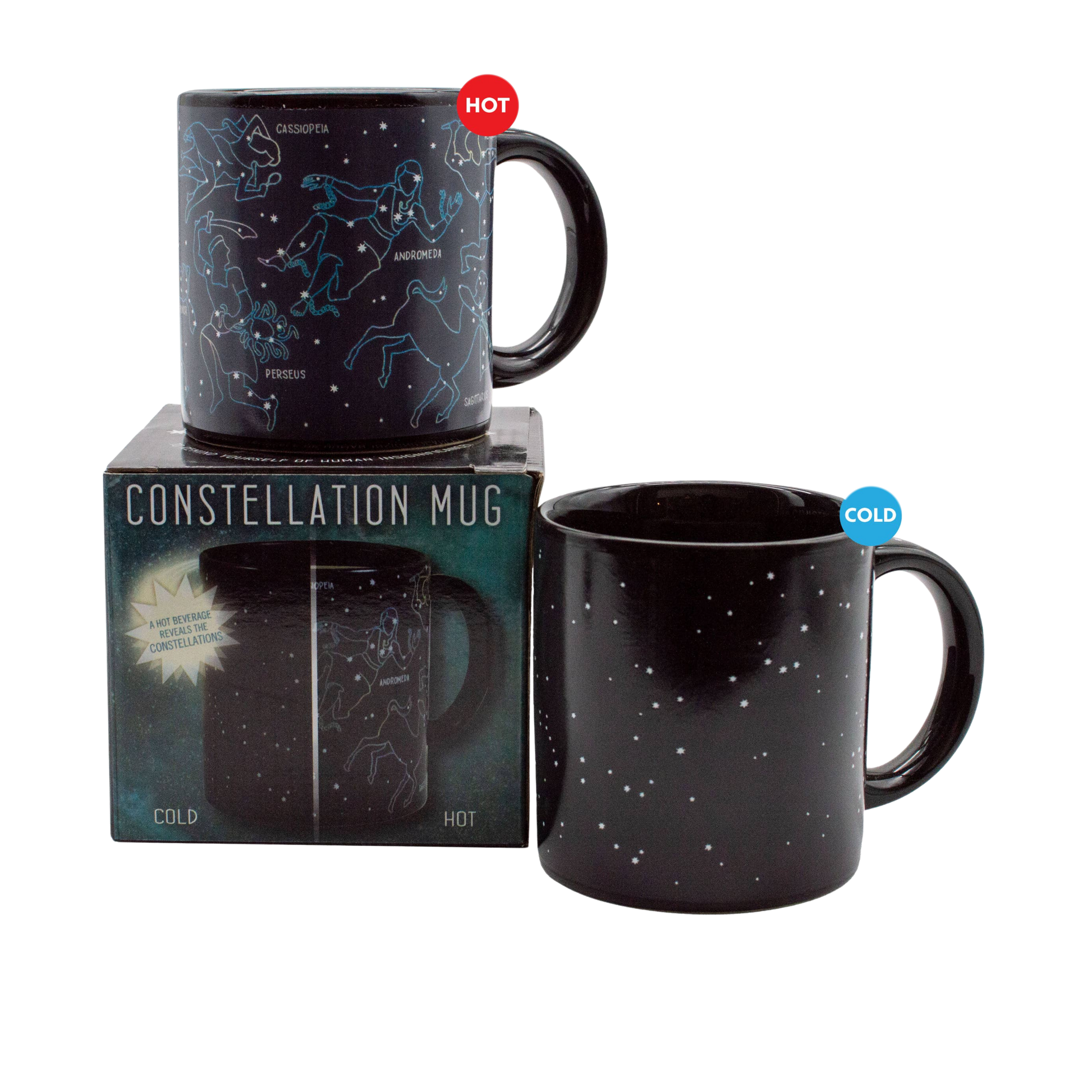 Constellation heat changing coffee mug shown in gift box, cold, and heated versions