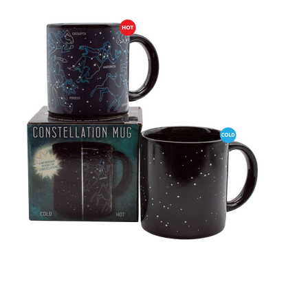 Constellation heat changing coffee mug shown in gift box, cold, and heated versions