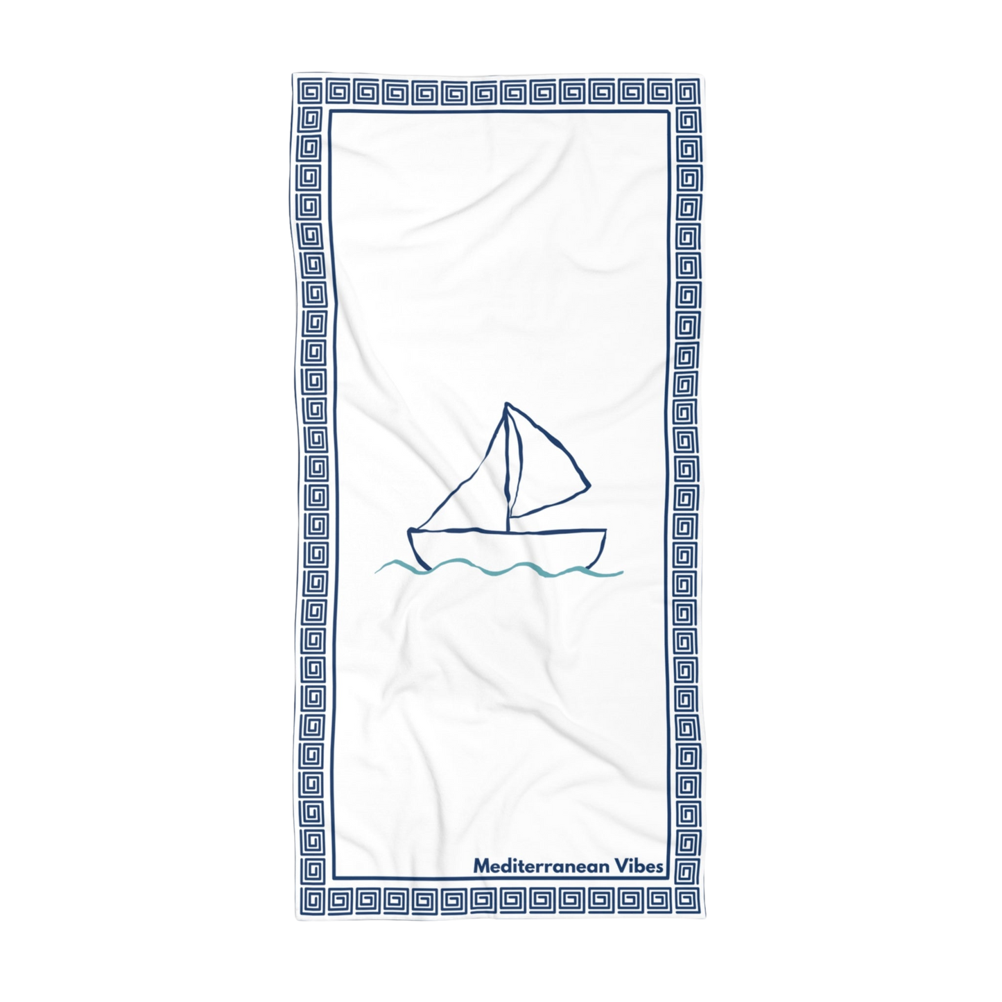 Mediterranean beach towel with “Dayboat” design – soft cotton back and vibrant quick-dry front