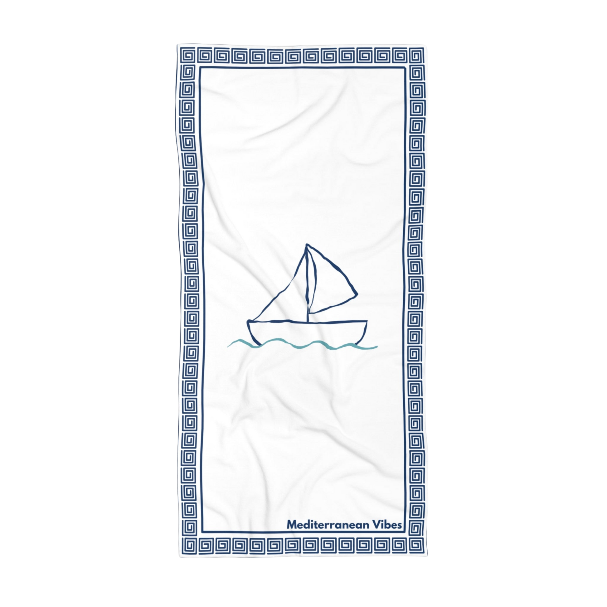 Mediterranean beach towel with “Dayboat” design – soft cotton back and vibrant quick-dry front