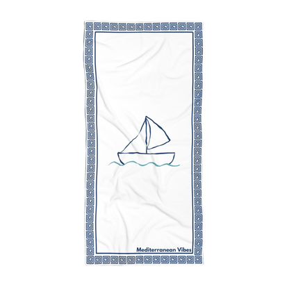 Mediterranean beach towel with “Dayboat” design – soft cotton back and vibrant quick-dry front