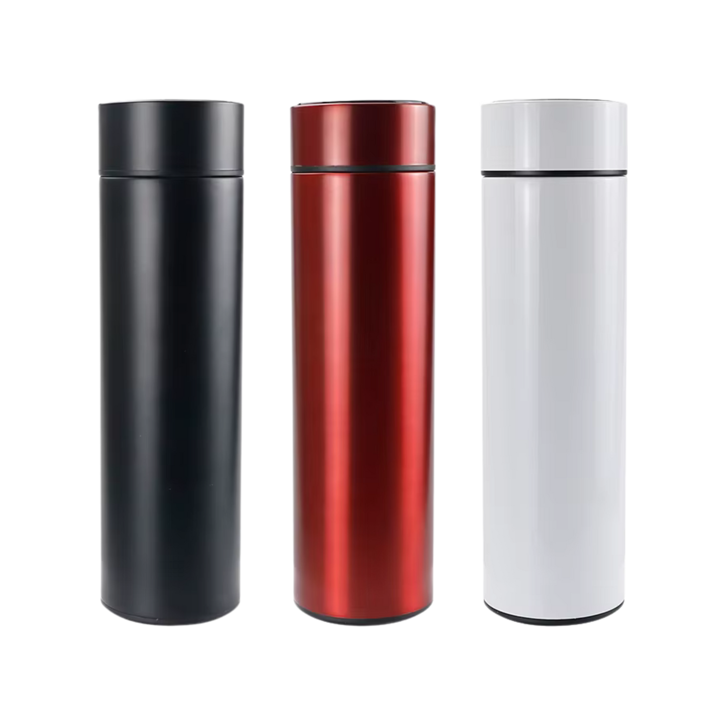 Digital LED thermos bottles in black, red and white