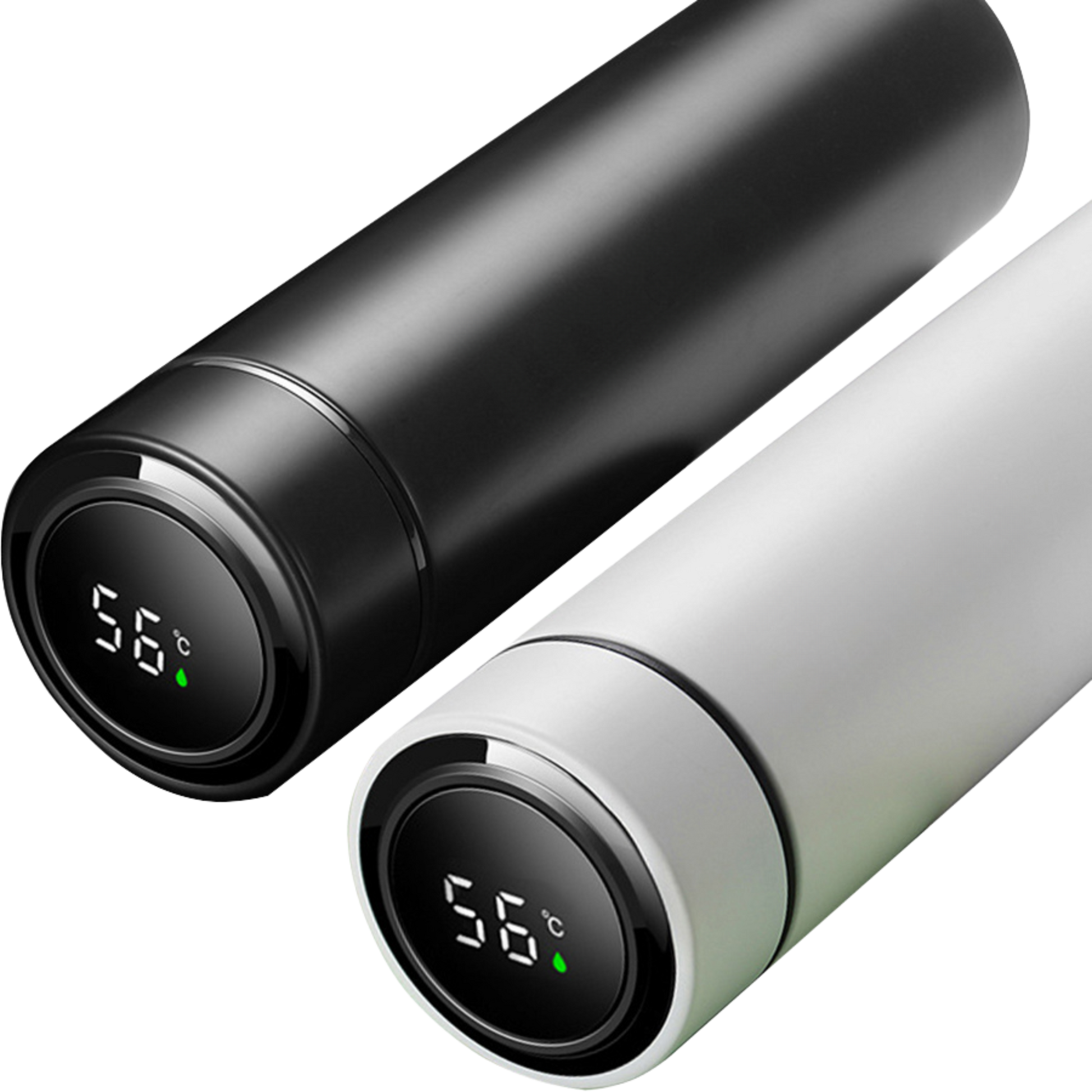 Black and white digital thermos bottles showing temperature on LED lids