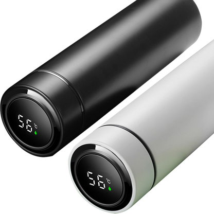 Black and white digital thermos bottles showing temperature on LED lids