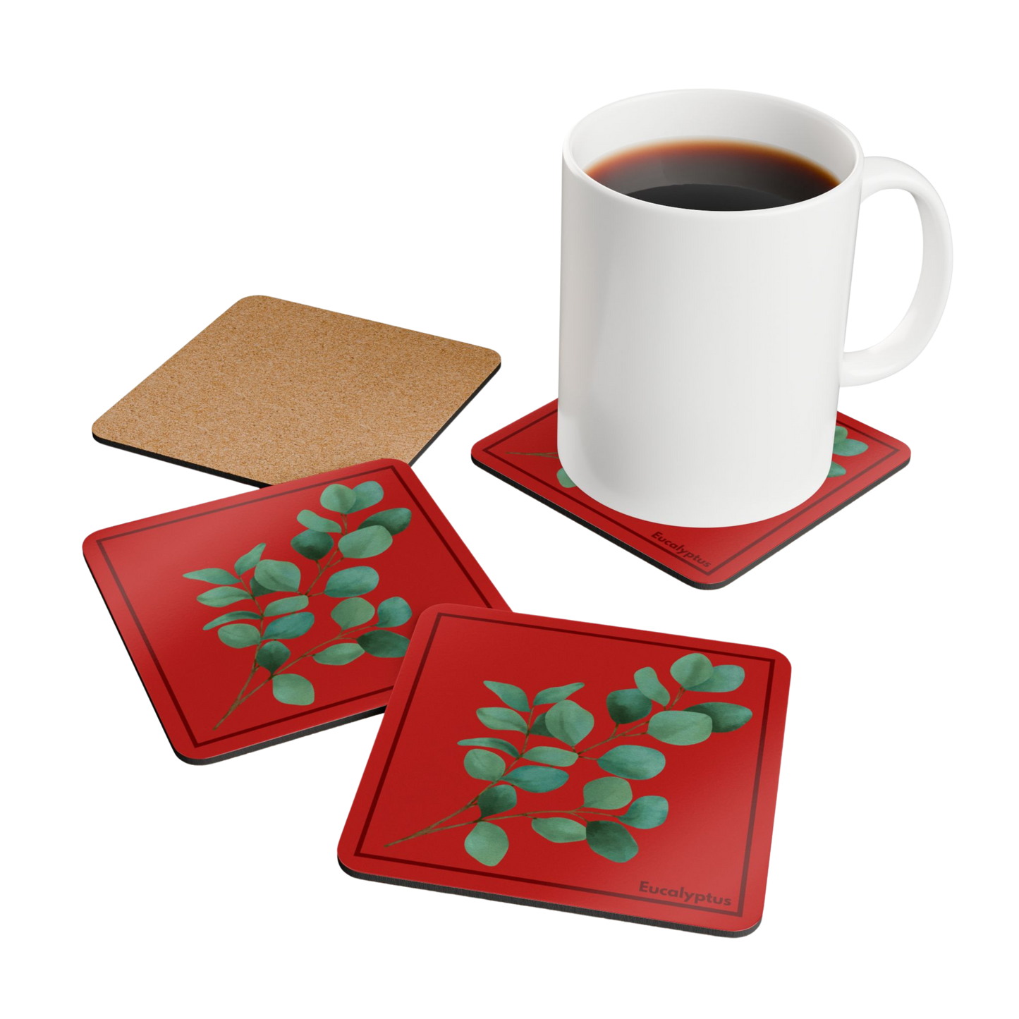 Set of 4 Eucalyptus Corkwood Coasters with a coffee mug on one and one coaster flipped upside down