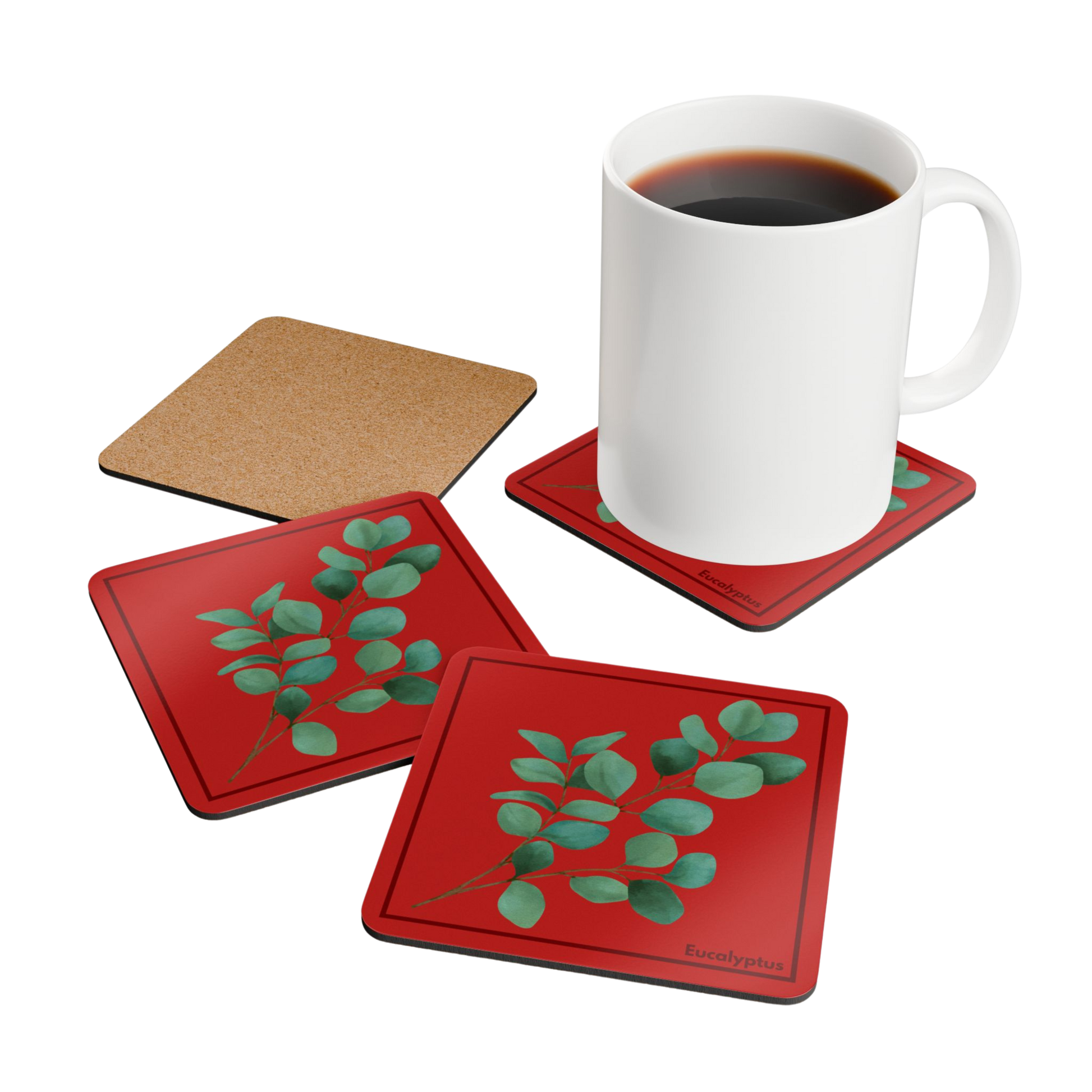 Set of 4 Eucalyptus Corkwood Coasters with a coffee mug on one and one coaster flipped upside down