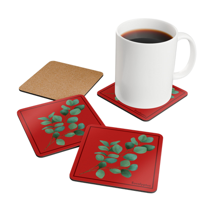 Set of 4 Eucalyptus Corkwood Coasters with a coffee mug on one and one coaster flipped upside down