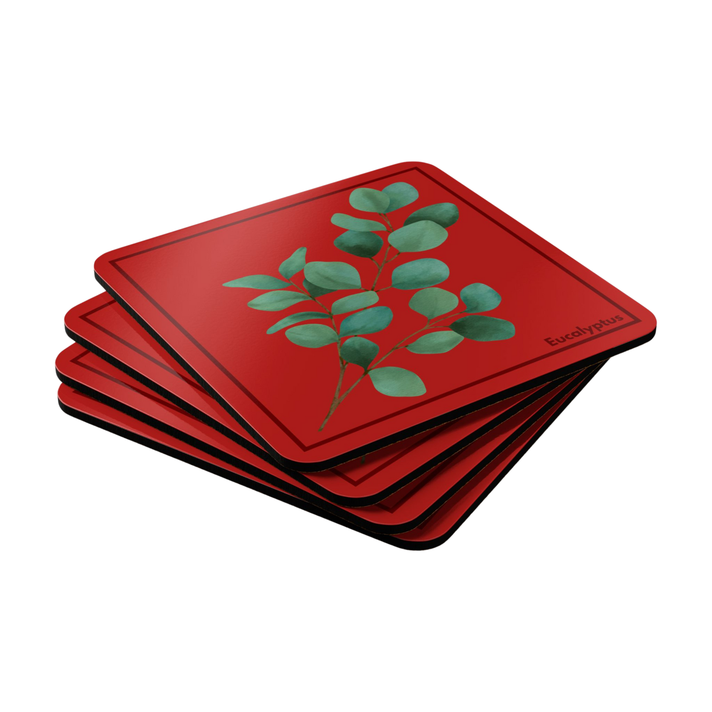 Set of 4 Eucalyptus Corkwood Coasters with matching eucalyptus design