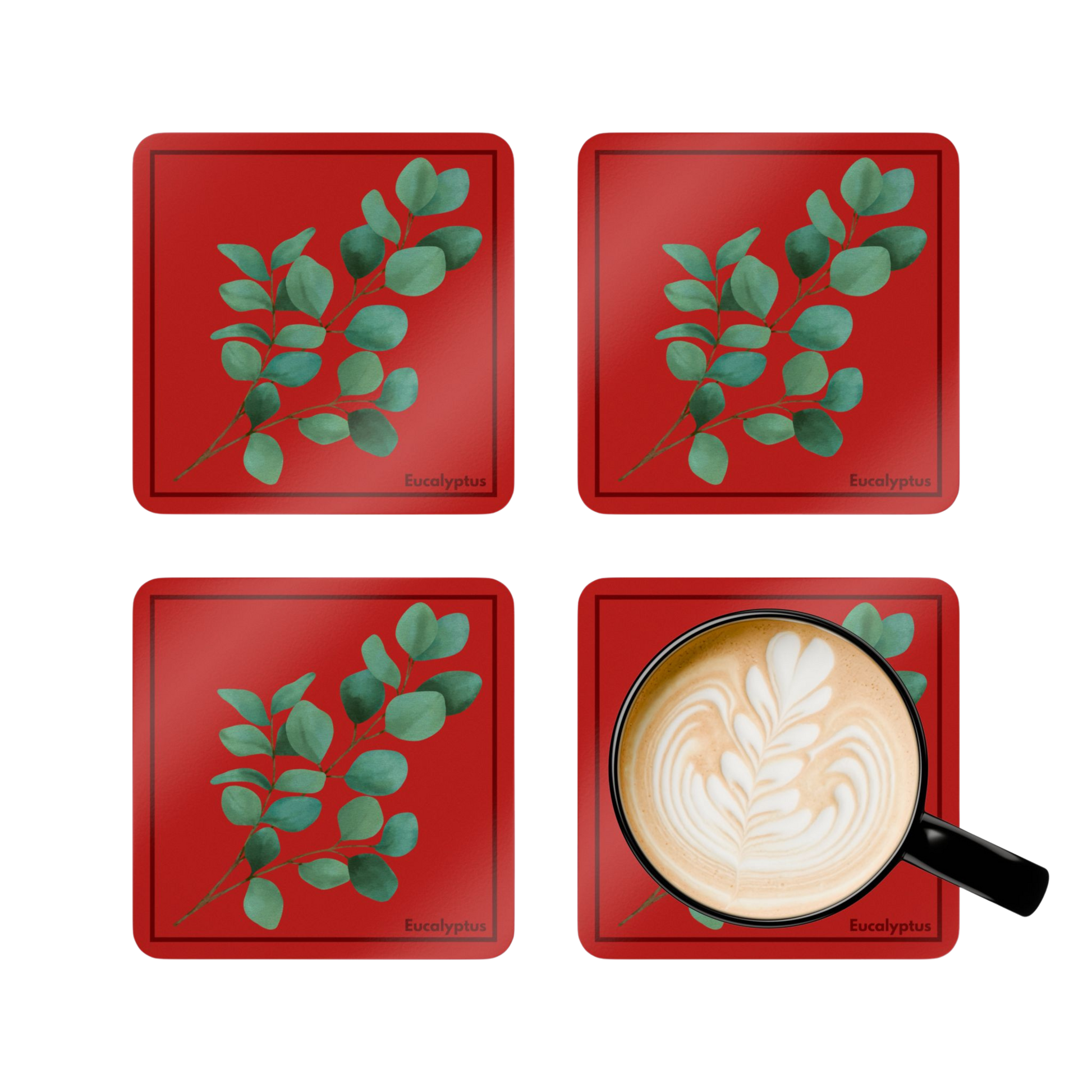Top view of 4 Eucalyptus Corkwood Coasters with a coffee mug 