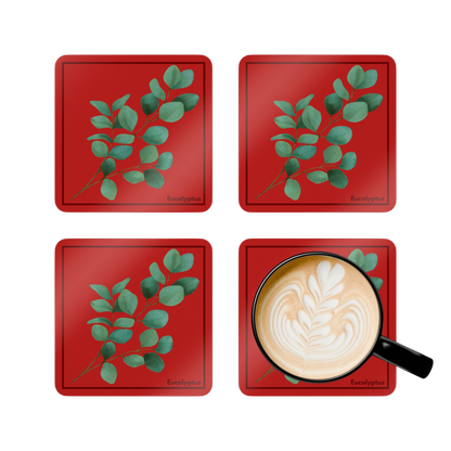 Top view of 4 Eucalyptus Corkwood Coasters with a coffee mug 