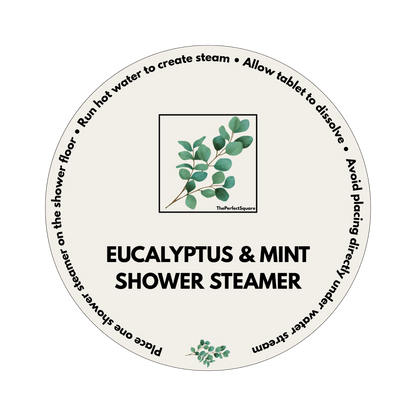Close-up of eucalyptus and mint shower steamer product sticker 