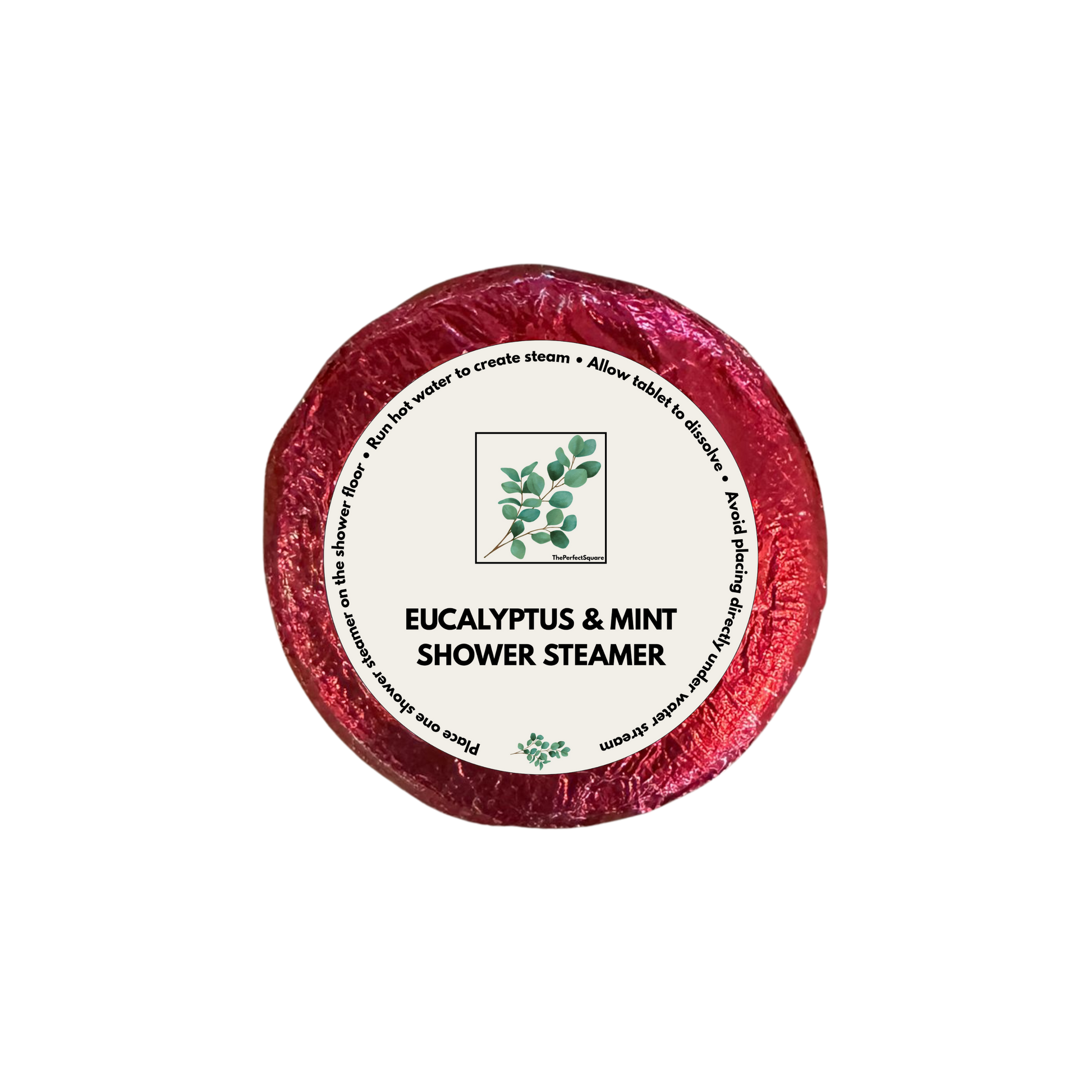 Eucalyptus and mint shower steamer wrapped in red paper with round product sticker