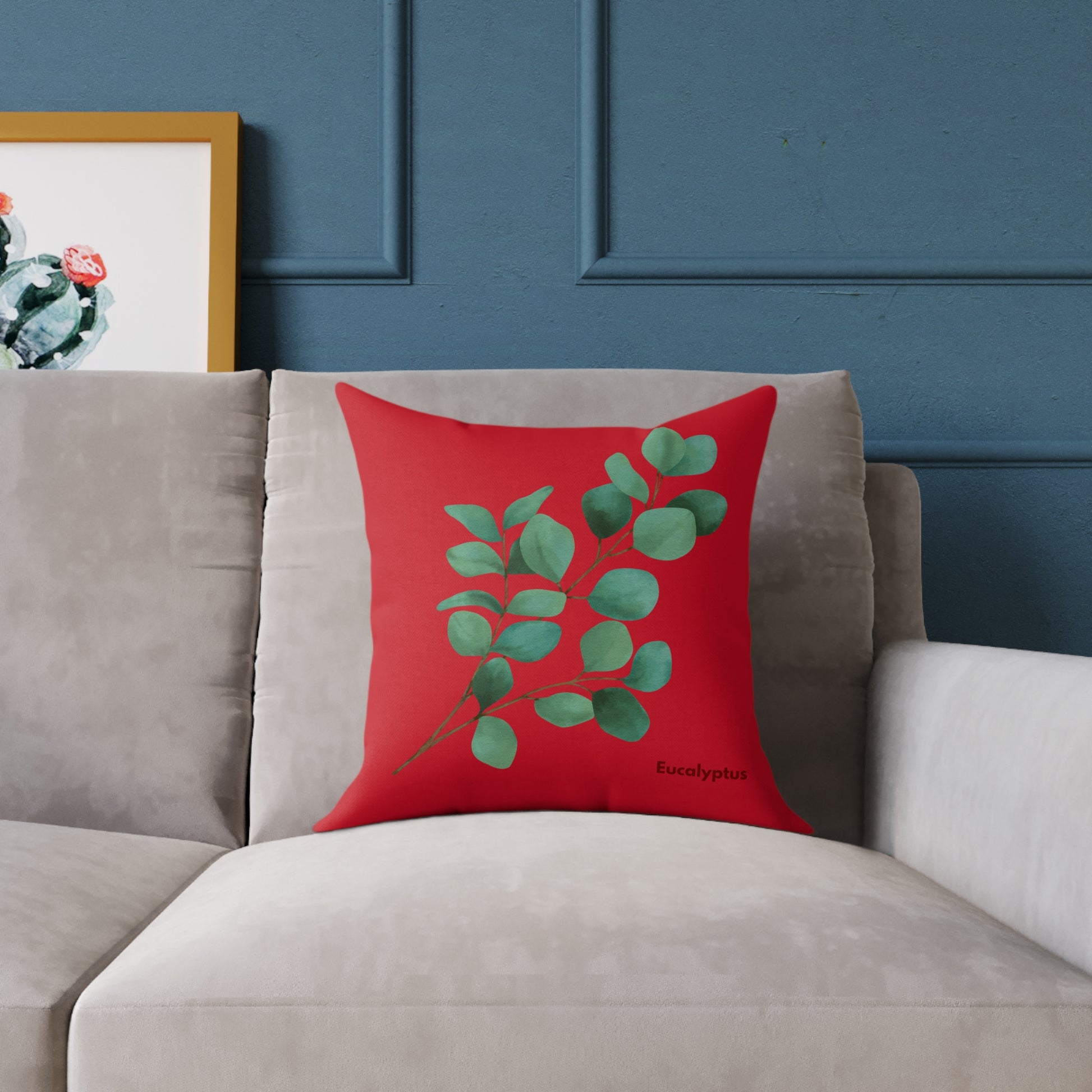 16x16 inch Eucalyptus Poly Canvas Square Pillow styled on a couch