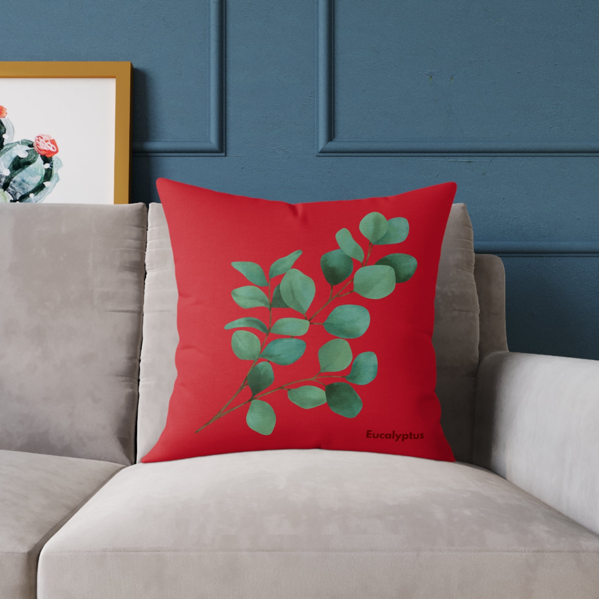 20x20 inch Eucalyptus Poly Canvas Square Pillow styled on a couch