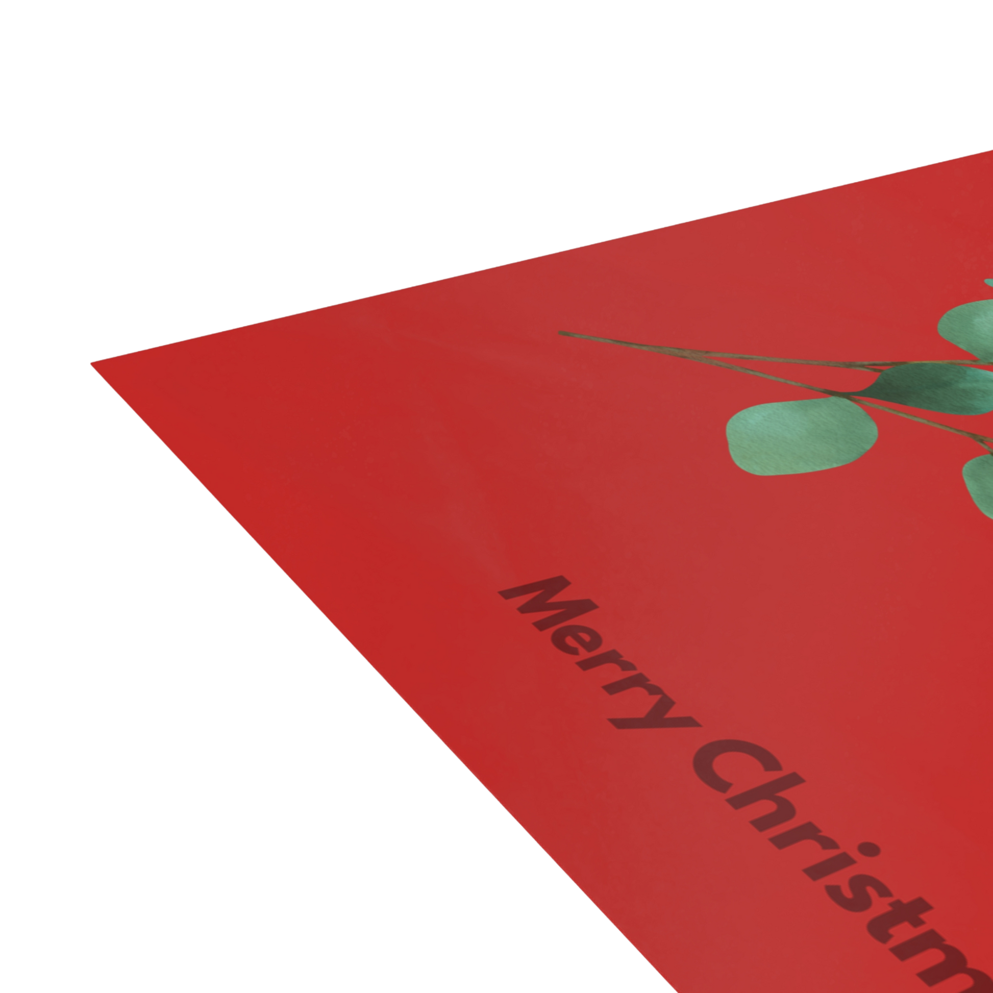 Corner detail of postcard showing part of "Merry Christmas" and eucalyptus design