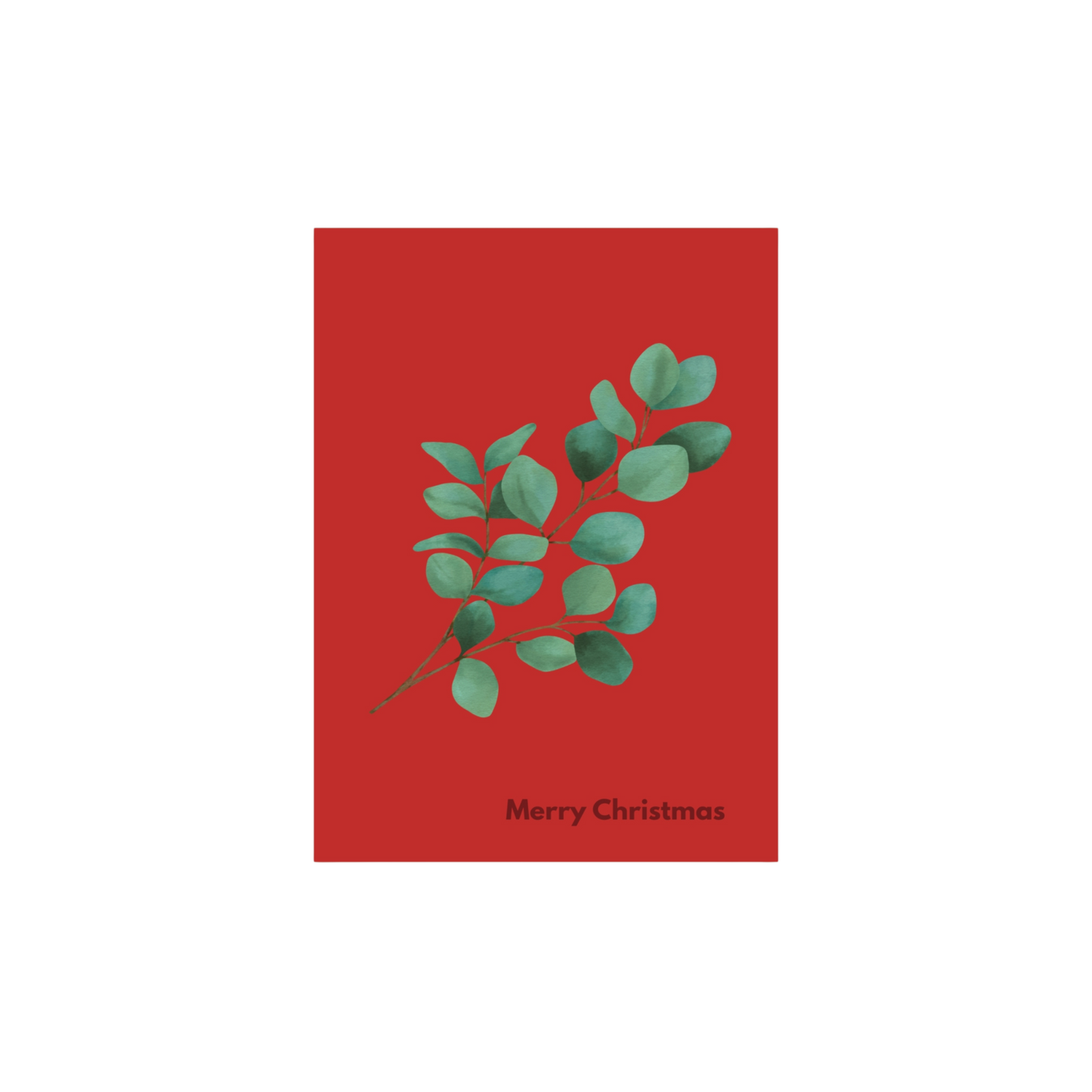 Front of eucalyptus postcard with "Merry Christmas" on red background, botanical design