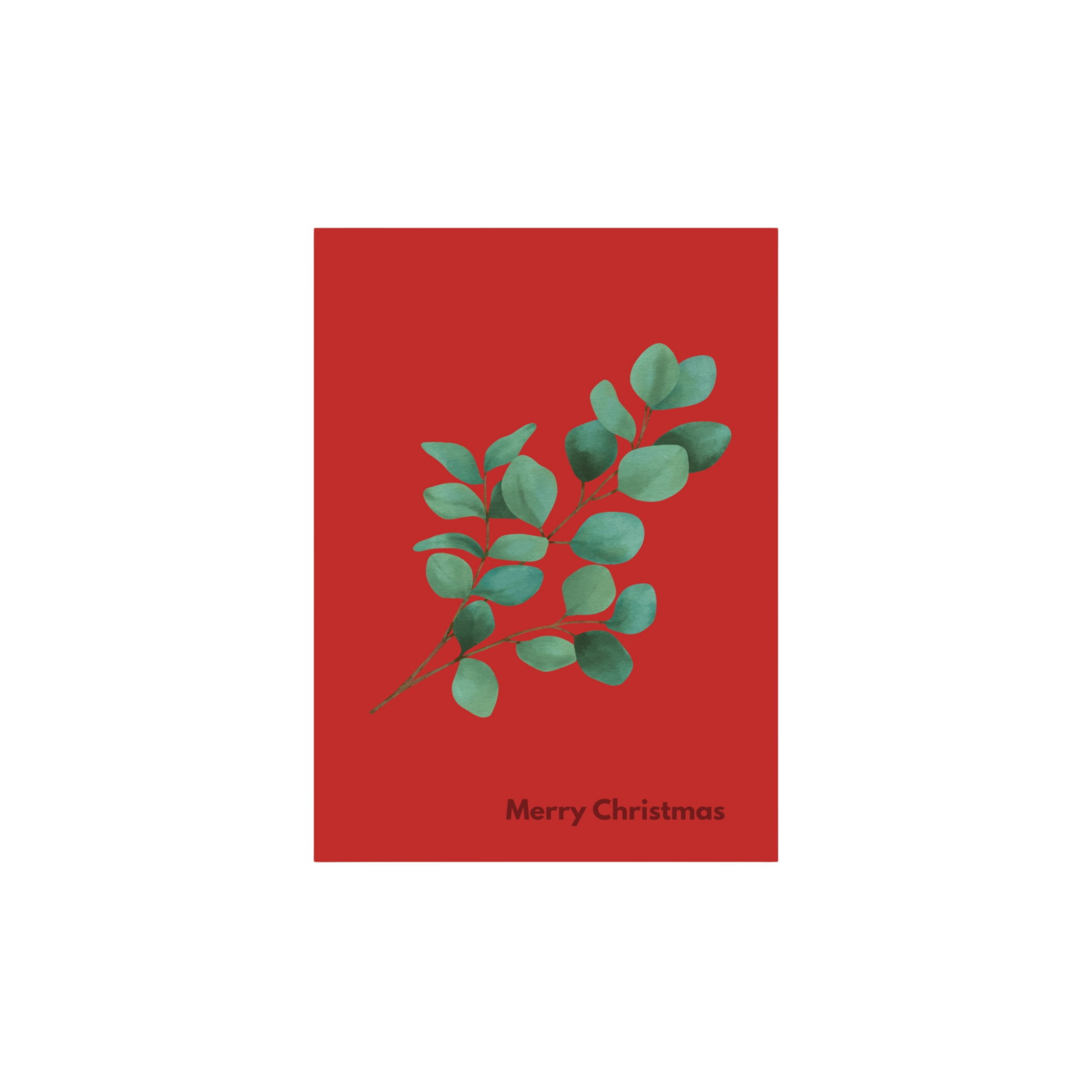 Front of eucalyptus postcard with "Merry Christmas" on red background, botanical design