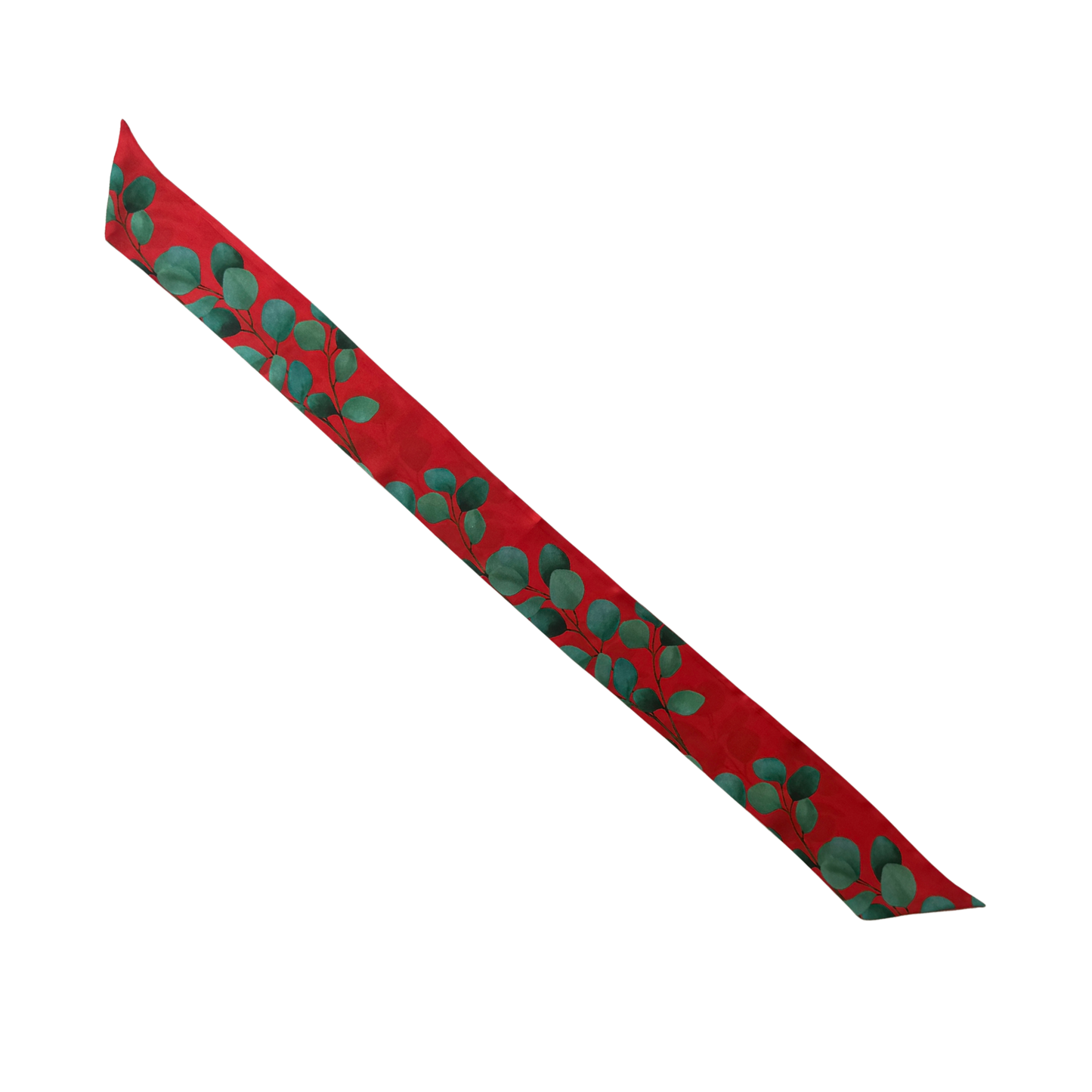 Full-length view of red eucalyptus silk skinny scarf with delicate green design